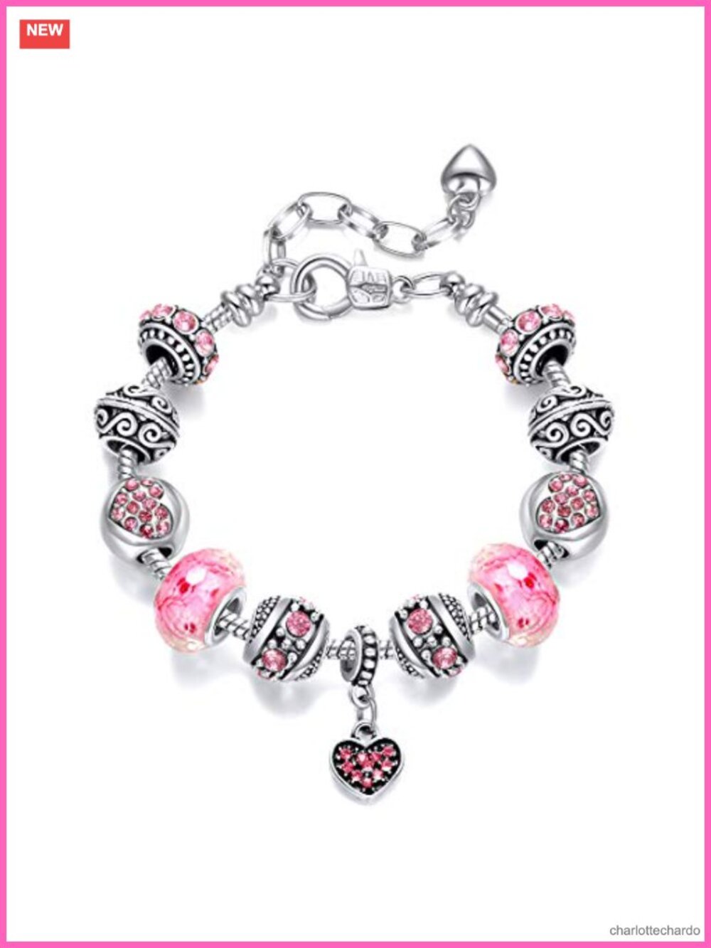 Silver Plated Heart Charm Bracelet Crystal Beads Adjustable Snake Chain